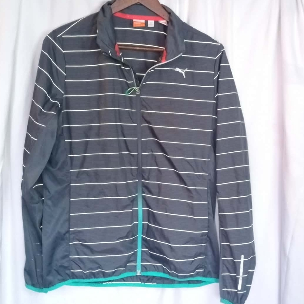 Puma Visi Cell Gray Striped Lightweight Jacket Teal Trim Windbreaker Nightcat